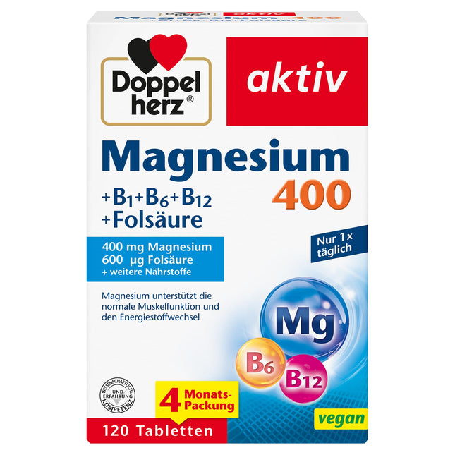 Doppelherz Magnesium 400 + B1 + B6 + B12 + Folic Acid - Magnesium supports normal muscle function and energy metabolism - 120 vegan tablets