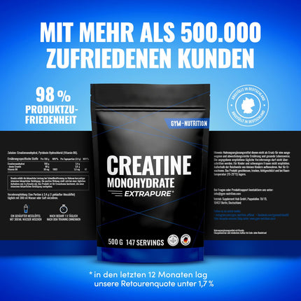 Creatine Monohydrate Powder 500g - Creatine monohydrate in micronized quality with optimal high dosage - pure, without additives, 100% vegan - packaging may vary
