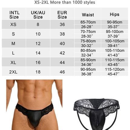String Thong Men's Sexy Lingerie Faux Leather Underwear Men Erotic Wetlook Lace Panties Briefs Thong Open Crotch Transparent Underpants T-Back Sissy Lingerie Gay Large Sizes Black M