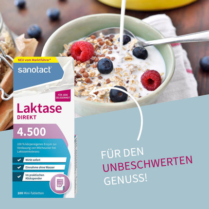 sanotact Lactase Direct 4,500 Mini Tablets – 100 Tablets | For lactose intolerance | Immediate effect | Can be taken without water | Convenient click dispenser