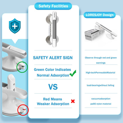 LORESJOY Shower Handle Suction Cup, MAX 110KG Removable Grab Bar with Suction Cup, Grab Bar Shower without Drilling, Grab Bars for Seniors, Bathtub Handle without Drilling