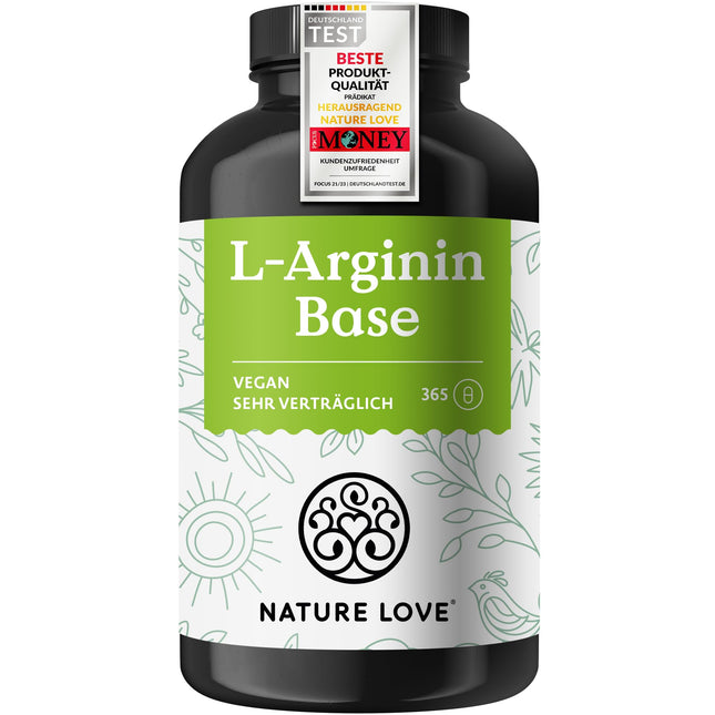 NATURE LOVE® L-Arginine Base with Citrulline - 365 Capsules - High-quality plant-based arginine in BASE form with 99.7+% purity - High-dose, vegan, produced in Germany