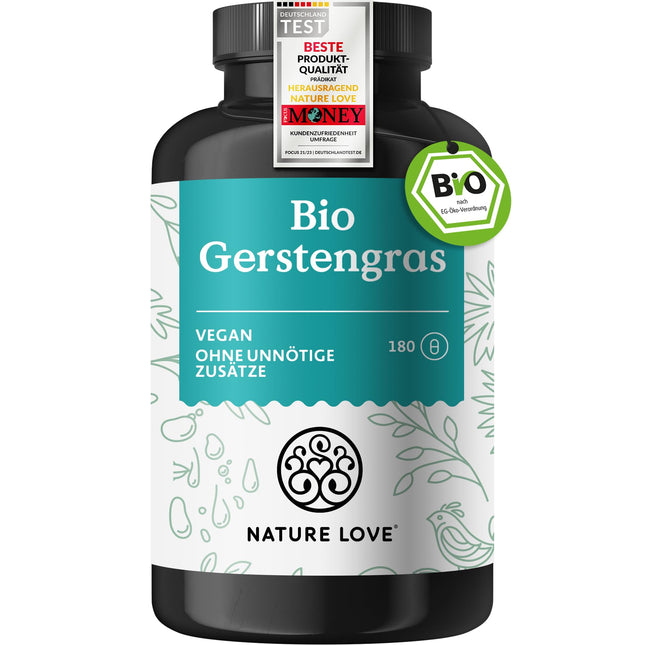 NATURE LOVE® Organic Barley Grass - 1500 mg per daily dose - from German cultivation - 180 Capsules - High dosage, laboratory-tested, certified organic, produced in Germany
