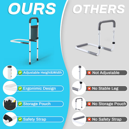 Bed riser bed handle, height-adjustable handle for getting out of bed, bed entry aid for seniors, bed rail fall protection with storage bag, safety and stability