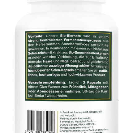 Organic Brewer's Yeast | Hair and Nails | Live Yeast, 1200 mg / day, Gluten-free | Enriched with Selenium | 90 Vegan Capsules | Top Quality