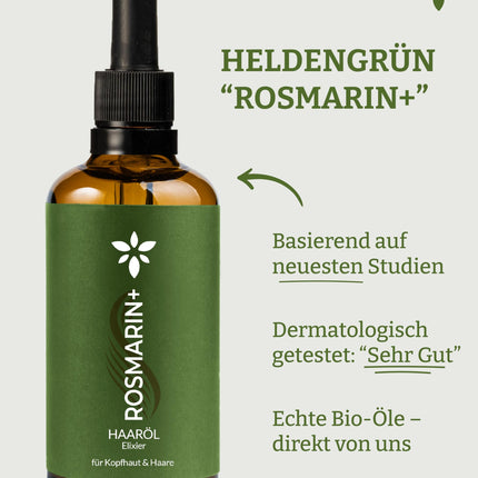 Heldengrün® ORGANIC Rosemary+ Hair Oil [HIGH DOSE] Dermatologically tested - Natural hair booster with jojoba &amp; rosemary - Rosemary oil for hair - Essential oil blend