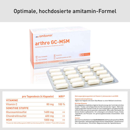 amitamin arthro GC MSM Glucosamine &amp; Chondroitin &amp; MSM plus Vitamin C | 120 Capsules | Pharmacy quality | Individually hygienically packaged | No unnecessary additives | Made in Germany