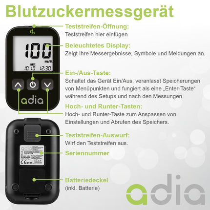 adia blood glucose meter (mg) with 60 blood glucose test strips, 10 lancets, 1 lancing device, 1 case, value set for blood glucose self-monitoring in diabetes