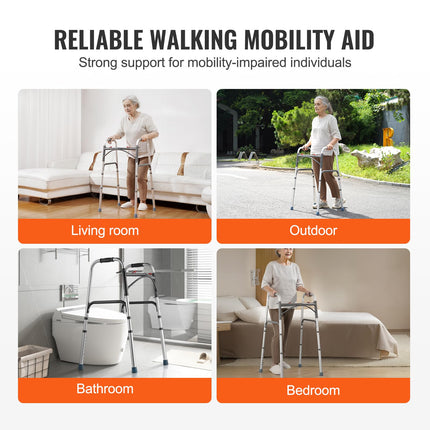 VEVOR Foldable Walker, 2-Button Folding Walker with 8-Level Height Adjustable and Sturdy Handles, Lightweight Aluminum Walking Aid for Elderly and Disabled People, up to 350 lbs