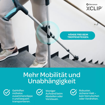 XCLIP Forearm Crutch Holder On the Go - Lightweight, portable 20-22.6 mm walking stick holder - Walking aid holder - Quick and easy to install crutch accessory