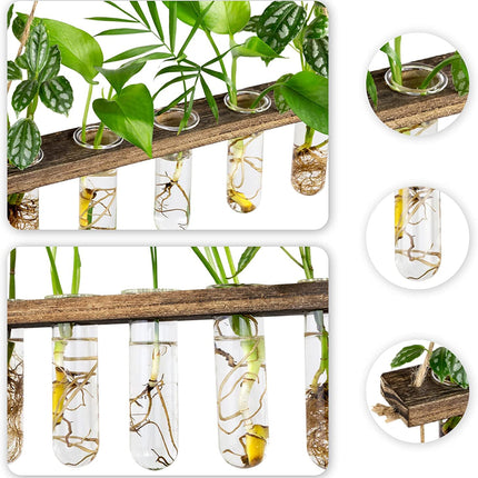 Grovind 3 Tiers Large Flower Vases Wall Hanging Plant Vase with Wooden Stand, Glass Planter Test Tube for Hydroponic Plants Home Office Patio Decor