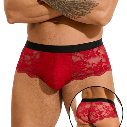 ohyeahlady Sissy Lingerie Men's Sexy Boxer Shorts Lace Erotic Underwear Men's Lingerie Large Size Underpants Open Briefs Mesh Underwear with Bulge Transparent Briefs Clubwear Red L
