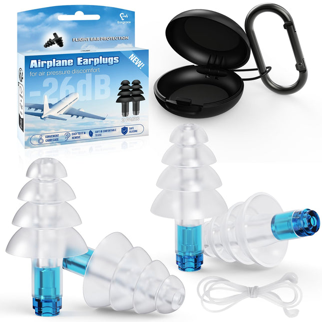 Airplane Earplugs, 2 Pairs of Silicone Airplane Earplugs for Adults, with Silicone Connecting Cable, Travel Essentials for Flying, Hearing Protection Earplugs for Airplanes, Concerts, Motorcycles (26 dB)