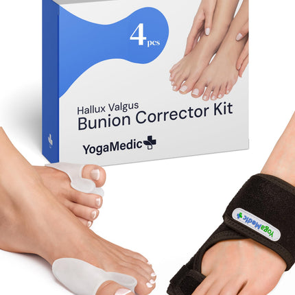 YOGAMEDIC Hallux Valgus Correction Set - 2 Toe Spreaders &amp; 2 Hallux Valgus Splints - 0% BPA Toe Separator Insoles for Shoes, Hammer Toe Correction, Toe Protection Day &amp; Night Bandage for Women &amp; Men