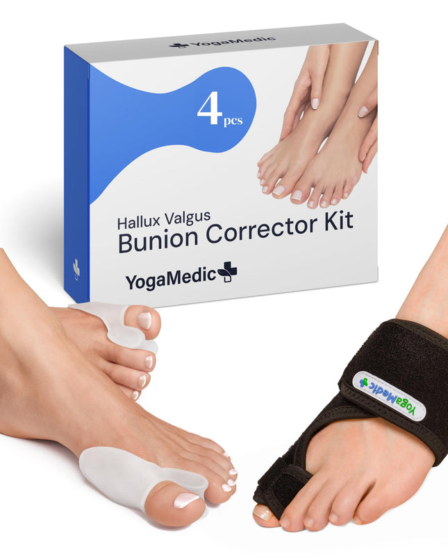 YOGAMEDIC Hallux Valgus Correction Set - 2 Toe Spreaders &amp; 2 Hallux Valgus Splints - 0% BPA Toe Separator Insoles for Shoes, Hammer Toe Correction, Toe Protection Day &amp; Night Bandage for Women &amp; Men