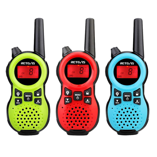 Retevis RT638 Walkie Talkie Set of 3, Children's Two-Way Radios, Long Range, Flashlight VOX 16 Channels, Toy Gifts for Birthdays, Easter, Family Games, Trips (Green, Red, Blue)