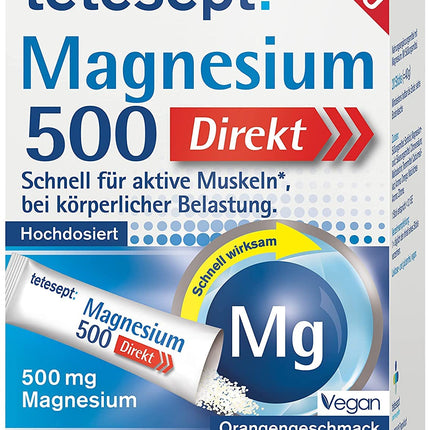tetesept Magnesium 500 Direct – 1 x 20 Direct Sticks – Dietary supplement with magnesium powder for ingestion without water – Fast for active muscles