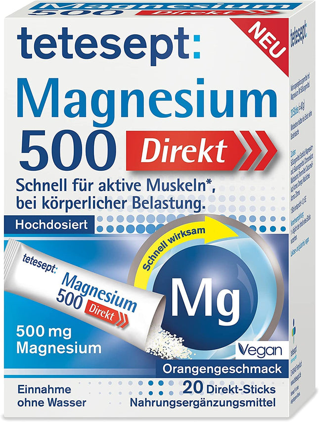 tetesept Magnesium 500 Direct – 1 x 20 Direct Sticks – Dietary supplement with magnesium powder for ingestion without water – Fast for active muscles