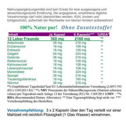 LIVER Complex 360 Capsules Liver Cure TOP 12x Liver Herbs Bitter Herbs Bitter Substances Milk Thistle Artichoke Dandelion Wormwood Gentian... 100% PURE NATURE [no ADDITIVES] 26314-360