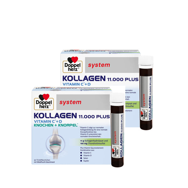 Doppelherz system KOLLAGEN 11,000 PLUS – With nutrients that contribute to the health of the musculoskeletal system and cell protection – 2 x 30 drinking bottles