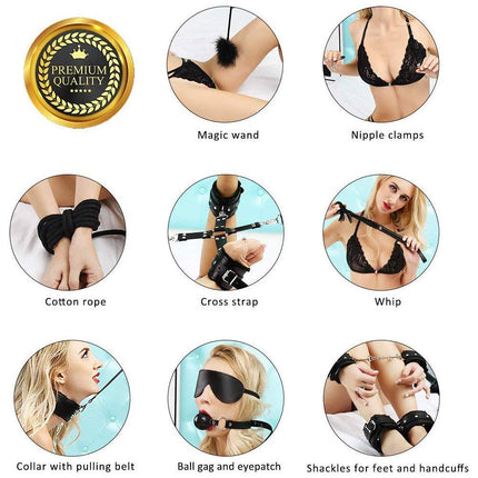 BDSM set with 10 pieces, SM bed sets, bondage set feather whip and eye mask, restraints handcuffs ankle cuffs feathers nipple clamps fetish sex toy bondage set for attachment to the bed for couples
