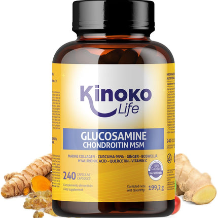Kinoko life Glucosamine and Chondroitin – 240 capsules with MSM, marine collagen, hyaluronic acid, turmeric, black pepper, ginger, boswellia, and quercetin. For joints, cartilage, and bones.