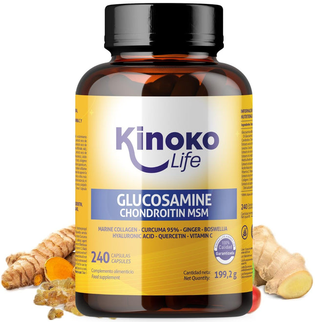 Kinoko life Glucosamine and Chondroitin – 240 capsules with MSM, marine collagen, hyaluronic acid, turmeric, black pepper, ginger, boswellia, and quercetin. For joints, cartilage, and bones.