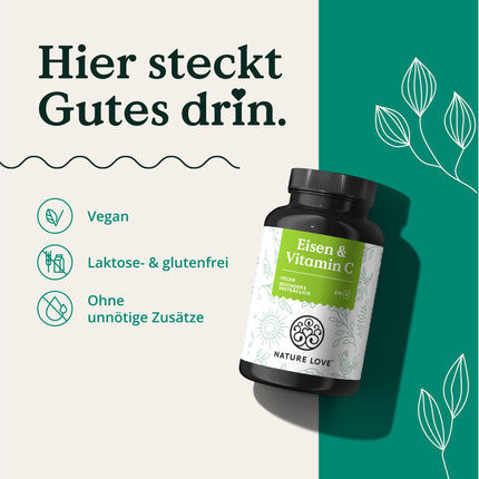 NATURE LOVE® Iron Tablets with Vitamin C - 240 Tablets - 20mg Iron and 40mg Vitamin C per Tablet - Highly Bioavailable Iron Bisglycinate (Iron Chelate) - Vegan, Produced in Germany