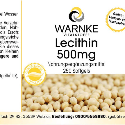 Lecithin 500mg - from soy - 250 softgels - GMO-free - high dosage - bulk pack | Warnke Vitalstoffe - German pharmacy quality