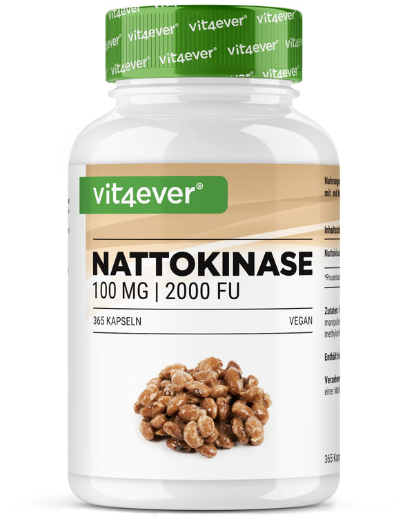 Nattokinase - 365 capsules with 100 mg each (20,000 FU/g) - 12-month supply - Vegan - Non-GMO - No unwanted additives