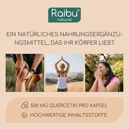 Quercetin High Dose - 180 Capsules - 500 mg Quercetin per capsule - 6-month supply - High-quality raw material: Japanese pagoda tree - No additives &amp; Vegan - Raibu