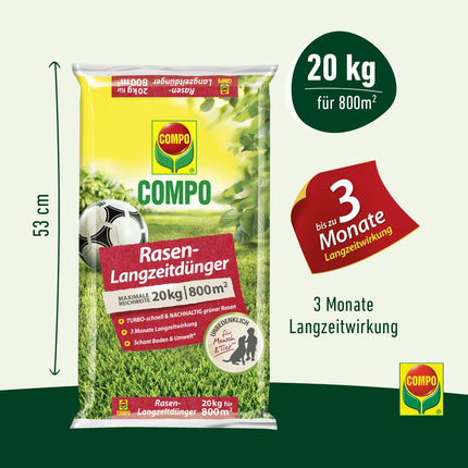 COMPO lawn fertilizer with 3 months of long-term effect for spring and summer - animal-friendly - premium lawn long-term fertilizer - 20 kg for 800 m²