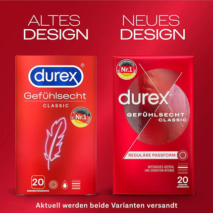 Durex Real Feel Classic Condoms – Thin condoms with an anatomical easy-on shape &amp; lubricated with silicone gel – 20 pack