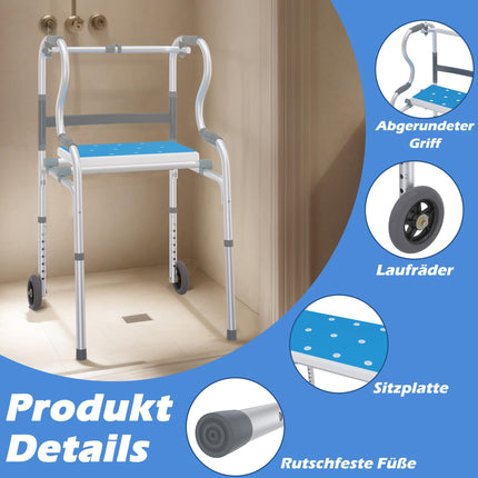 Froadp walking aid for seniors, walking frame made of aluminum, easy to adjust the height, walking aids with 2 swivel castors, non-slip, stable, walking frame, rollator, narrow for home, standing aid, ergonomic handle