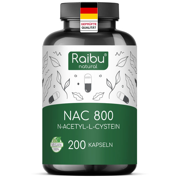 Raibu NAC 800 capsules high dosage (200 capsules x 800mg) | NAC Acetyl L-Cysteine ​​in best quality without additives produced in Germany