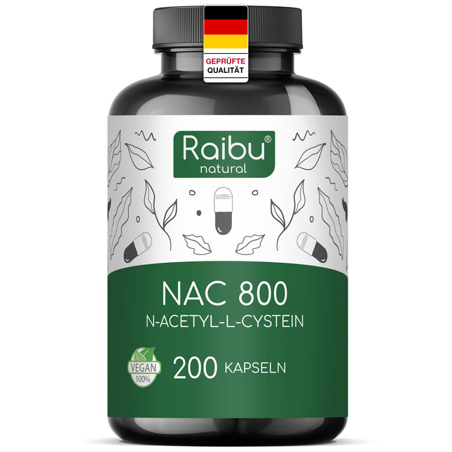 Raibu NAC 800 capsules high dosage (200 capsules x 800mg) | NAC Acetyl L-Cysteine ​​in best quality without additives produced in Germany