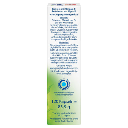 Doppelherz Omega-3 1000 vegan - High-dose omega-3 fatty acids EPA and DHA from vegetable algae oil - 120 small, easy-to-swallow capsules