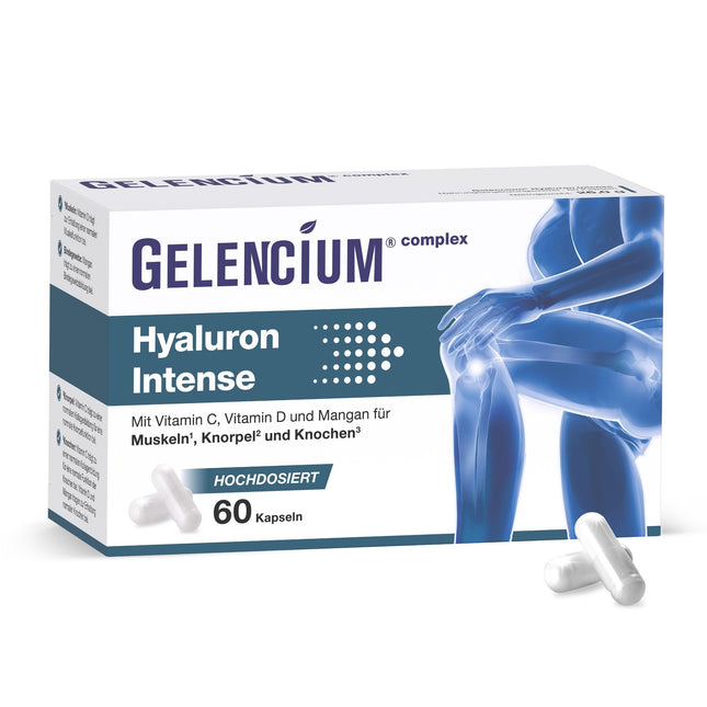GELENCIUM® Hyaluron Intense | High daily hyaluronic acid dose: 500 mg | High molecular weight: 2000-4000 kDa | High bioavailability | With micronutrients for healthy joints | Vegan | Pharmacy quality | 60 capsules
