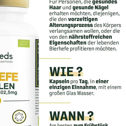 Organic Brewer's Yeast | Hair and Nails | Live Yeast, 1200 mg / day, Gluten-free | Enriched with Selenium | 90 Vegan Capsules | Top Quality