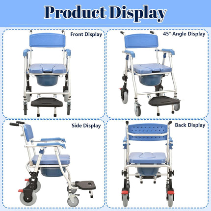 Commode chair for seniors with wheels, comfortable shower chair with armrests and soft seat, multifunctional shower and commode chair, foldable with brake