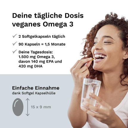 Vegan Omega 3 high-dose - 1500 mg per daily dose with 450 DHA &amp; 225 EPA from algae oil - 90 capsules 1 month - Omega 3 algae oil capsules with branded raw material life'sOMEGA® - Fish-free - Balanced Vitality