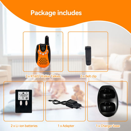 Retevis RT602 Walkie Talkie Kids 8 Channels PMR446 Children's Two-Way Radio with Rechargeable Batteries Flashlight VOX LCD Display Toy Spy Gear Gifts for Children (1 Pair, Orange)