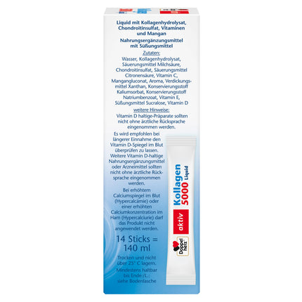 Doppelherz Collagen 5000 Liquid - with collagen hydrolysate, chondroitin sulfate, vitamins, and manganese - 14 peach-flavored sticks