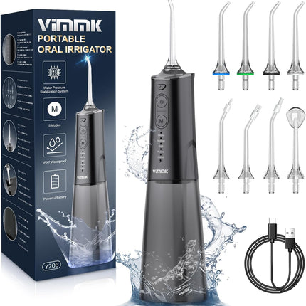 Oral Irrigator Cordless Electric Tooth Cleaner, Vimmk Dental Irrigator Water Flosser 5 Modes &amp; 8 Nozzles USB-C Rechargeable Water Flosser IPX7 Waterproof, 300ML Water Tank Mouth Cleaner (Black)