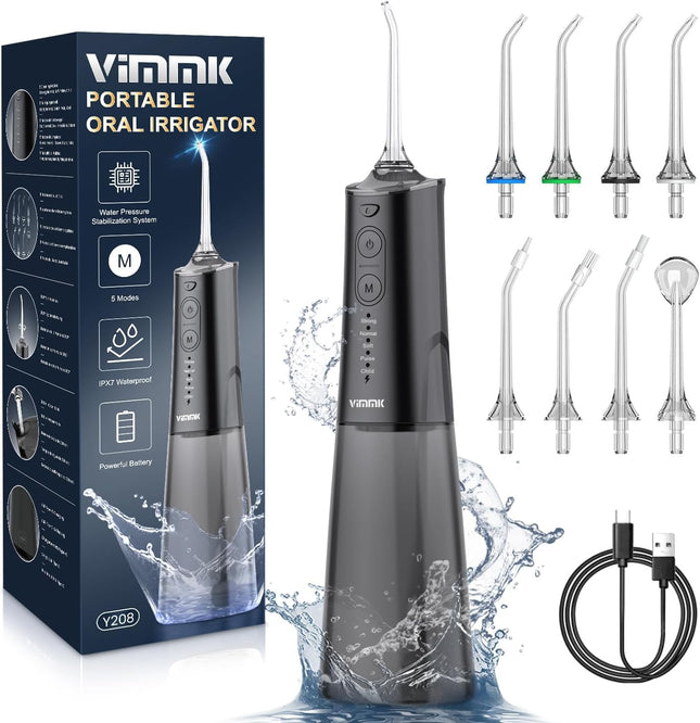 Oral Irrigator Cordless Electric Tooth Cleaner, Vimmk Dental Irrigator Water Flosser 5 Modes &amp; 8 Nozzles USB-C Rechargeable Water Flosser IPX7 Waterproof, 300ML Water Tank Mouth Cleaner (Black)