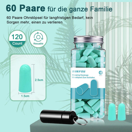 Soft earplugs for sleeping, 60 pairs of reusable foam earplugs, earplugs for the night, soundproofing for travel, study, work and nighttime rest SURFOU