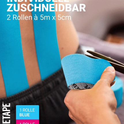 TRUETAPE® Kinesiotape – BASIC Uncut Duo – 2 rolls (5 m x 5 cm) uncut – Waterproof &amp; Elastic Kinesiology Tape – Physiotape with strong adhesive for everyday use &amp; sports – Blue &amp; Pink