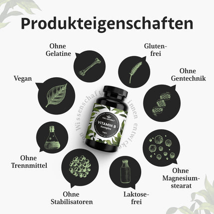 High-dose vitamin B complex - 180 vegan capsules - All 8 B vitamins (B1, B2, B3, B5, B6, B7, B9, B12) - 500µg vitamin B12 - bioactive vitamin B forms - laboratory-tested, produced in Germany