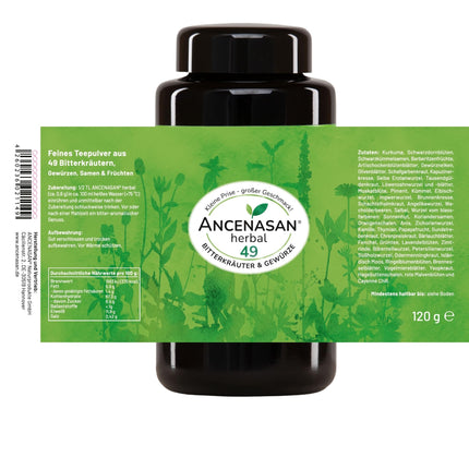 ANCENASAN herbal Premium Bitter Herbs Powder 120g - Traditional herbal blend of 49 selected herbs and spices - Rich in natural bitter substances - Vegan, Gluten-free, Made in Germany