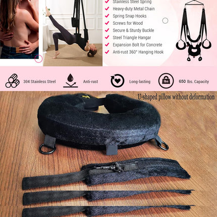 New love swing sex swing for the ceiling, 360-degree rotation deluxe love swings with U-shaped sex pillow and handcuffs &amp; 4 extra wide cushions, sex furniture sex swing load capacity up to 100 kg